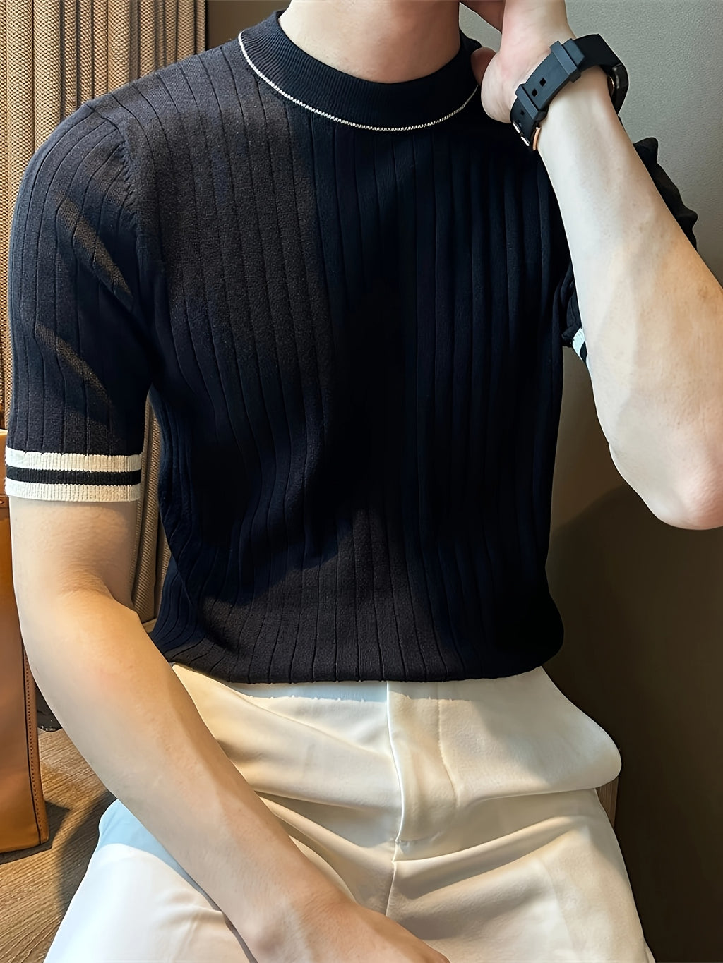Short-Sleeved Breathable High-Quality Black Knitted Color-Blocked Fitted Men'S Top with a Round Neck And Elasticity - Black