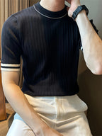 Short-Sleeved Breathable High-Quality Black Knitted Color-Blocked Fitted Men'S Top with a Round Neck And Elasticity - Black