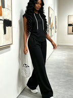 Solid Color Women's Spring/Summer/Autumn Loose Sleeveless Hooded Top + Flowy Wide-Leg Casual Pants Private-Level Lazy Set - Black