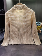 Women's Chevron Pleated Lapel Long Sleeve Cardigan, Oversized Lapel Single Breasted Buttons High Elastic Loose Versatile Commuter Pleated Jacket - Apricot
