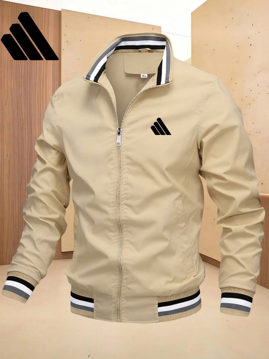 Men'S Sports Solid Color Stand-Up Collar Jacket, Color Striped Rib Hem, Lightweight And Windproof, Creative Three-Bar Totem Design Elements, Suitable for Jogging in Spring And Autumn, Daily Casual Versatile - Khaki
