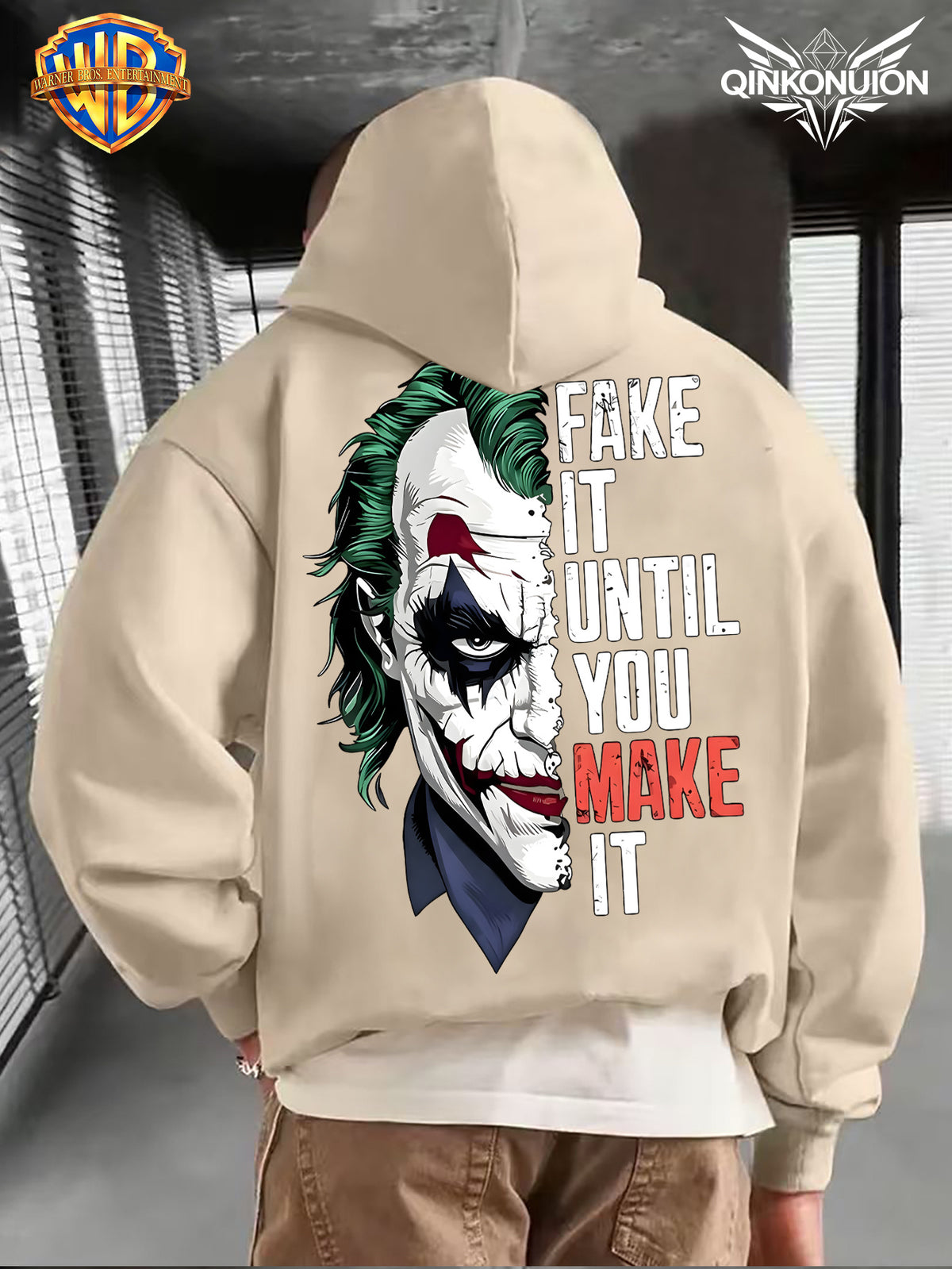 WB Warner Men'S New Trendy Hoodie, Clown-Themed Printed Design Hoodie, Daily Casual Drawstring Hoodie, Long Sleeve Hoodie, Machine Washable, Multifunctional Sports And Leisure Loose Fit Men'S Hoodie - Apricot