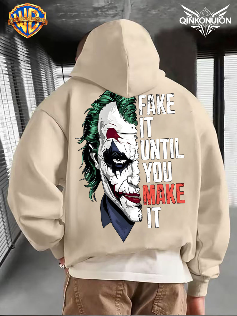 WB Warner Men'S New Trendy Hoodie, Clown-Themed Printed Design Hoodie, Daily Casual Drawstring Hoodie, Long Sleeve Hoodie, Machine Washable, Multifunctional Sports And Leisure Loose Fit Men'S Hoodie - Apricot