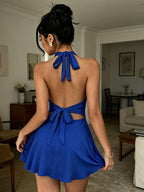 2025 Western Cross-Border Women'S V-Neck Tight Pleated Short Skirt, Sexy Backless Sleeveless Ruffled Tie Dress 1pc - Royal Blue