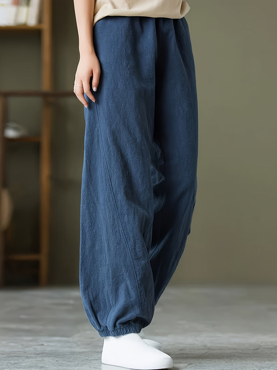 Loose and Breathable Vintage High-waist Tapered Patchwork Casual Wide-leg Long Pants Solid Color Casual Lantern Pants - Sea Blue