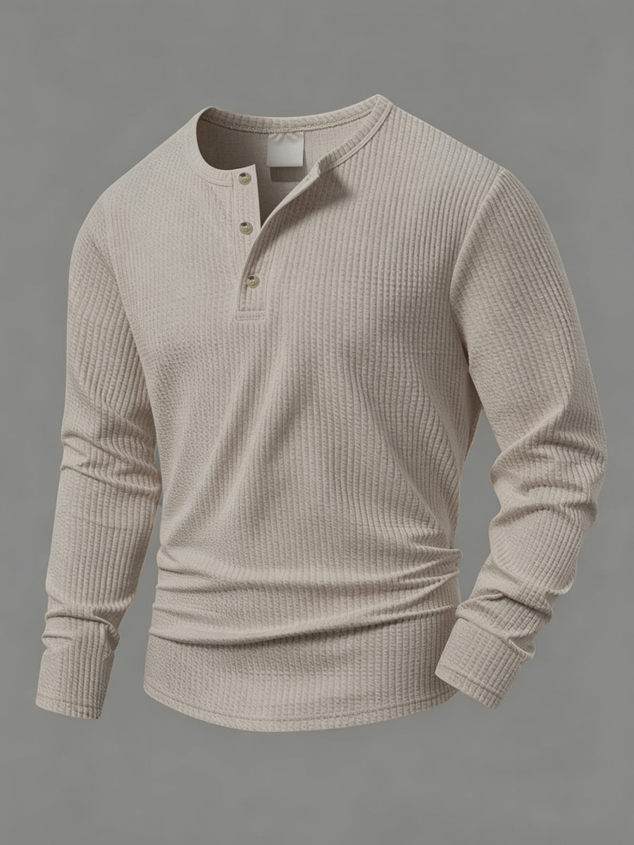 Vertical Stripe Textured Henley Collar Long Sleeve Men's Autumn Casual Loose Premium T-Shirt, Minimalist Solid Color Men's Casual Daily Top - Khaki