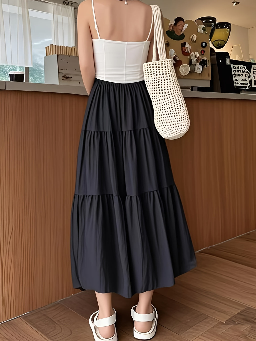 A-Line Umbrella Sweet Spring And Autumn Women'S High-Waisted Long Skirt with Elastic Waistband, Long Skirt with Lining, Beach Party Long Skirt - Black