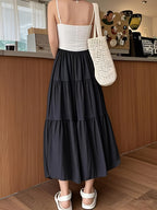 A-Line Umbrella Sweet Spring And Autumn Women'S High-Waisted Long Skirt with Elastic Waistband, Long Skirt with Lining, Beach Party Long Skirt - Black