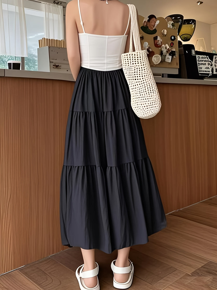 A-Line Umbrella Sweet Spring And Autumn Women'S High-Waisted Long Skirt with Elastic Waistband, Long Skirt with Lining, Beach Party Long Skirt - Black
