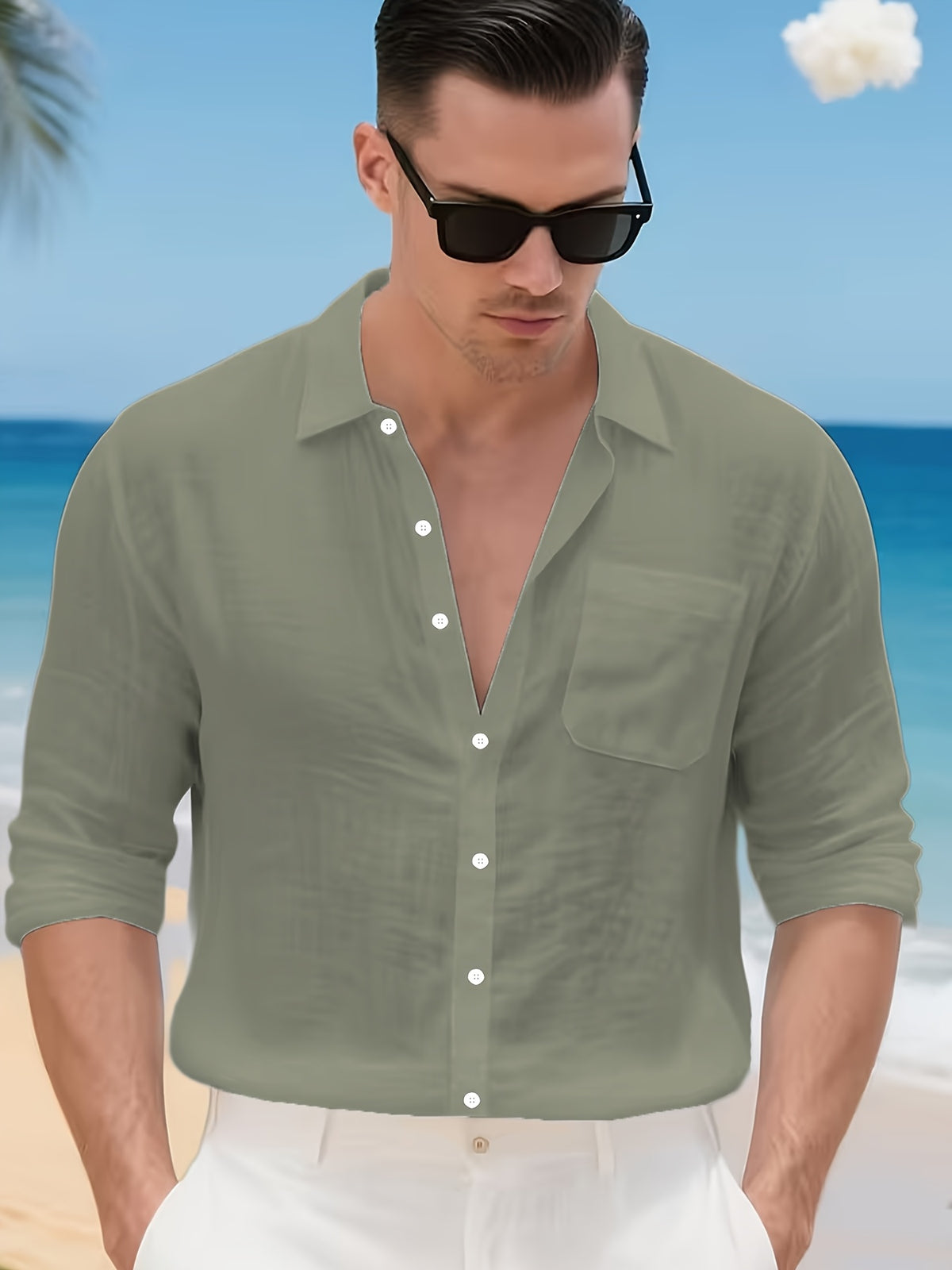 3pcs Men'S Casual Linen Shirts, Long Sleeve Button Tops with Chest Pocket, Lightweight Solid Color Shirts for Daily And Vacation - Mix Colors 2