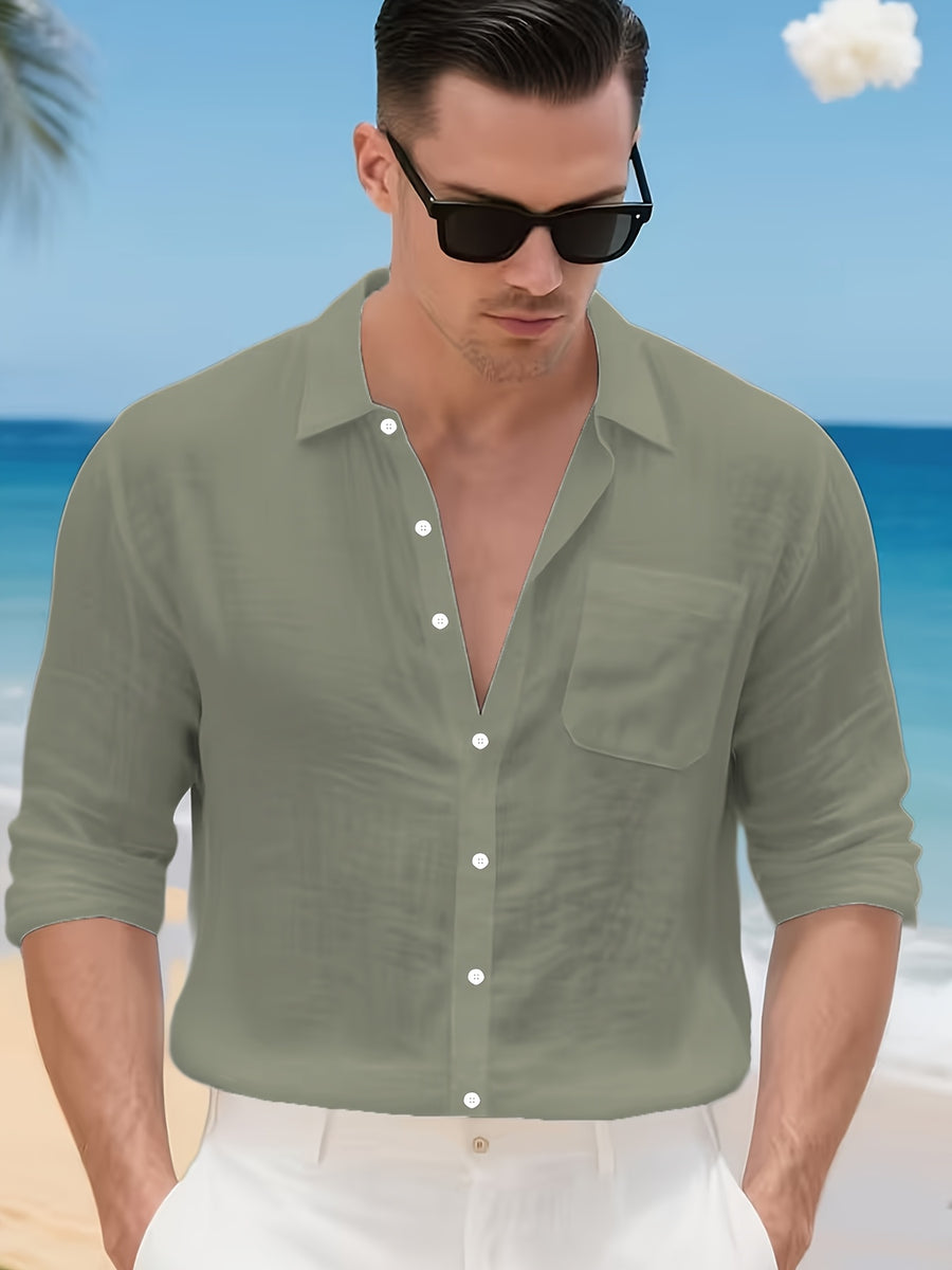 3pcs Men'S Casual Linen Shirts, Long Sleeve Button Tops with Chest Pocket, Lightweight Solid Color Shirts for Daily And Vacation - Mix Colors 2