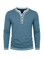Cross-Border Men's Long Sleeve Crew Neck T-Shirt 2-in-1 Look Henley Shirt European and American Men's Pullover Top Base Layer Shirt - Blue