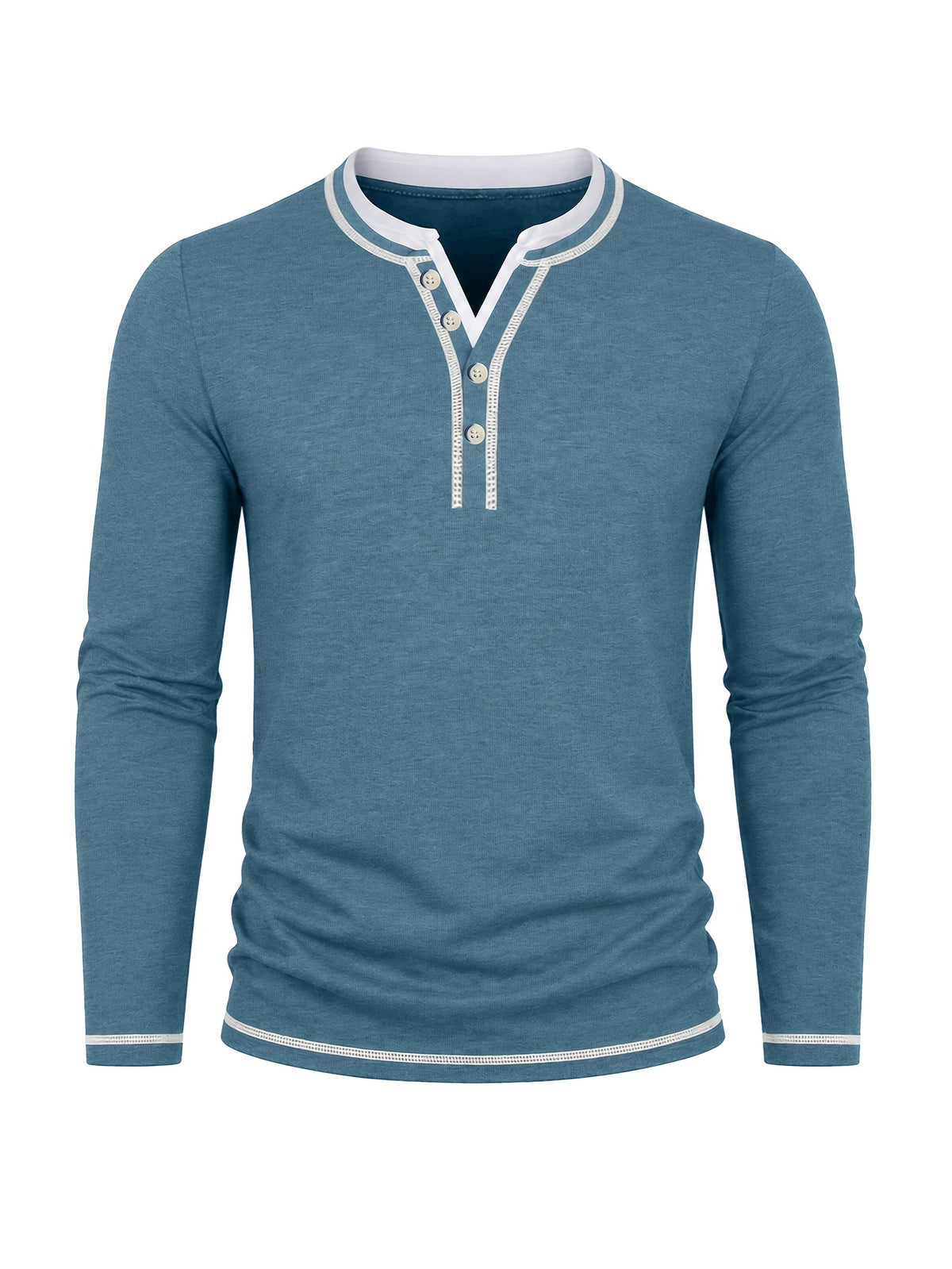 Cross-Border Men's Long Sleeve Crew Neck T-Shirt 2-in-1 Look Henley Shirt European and American Men's Pullover Top Base Layer Shirt - Blue