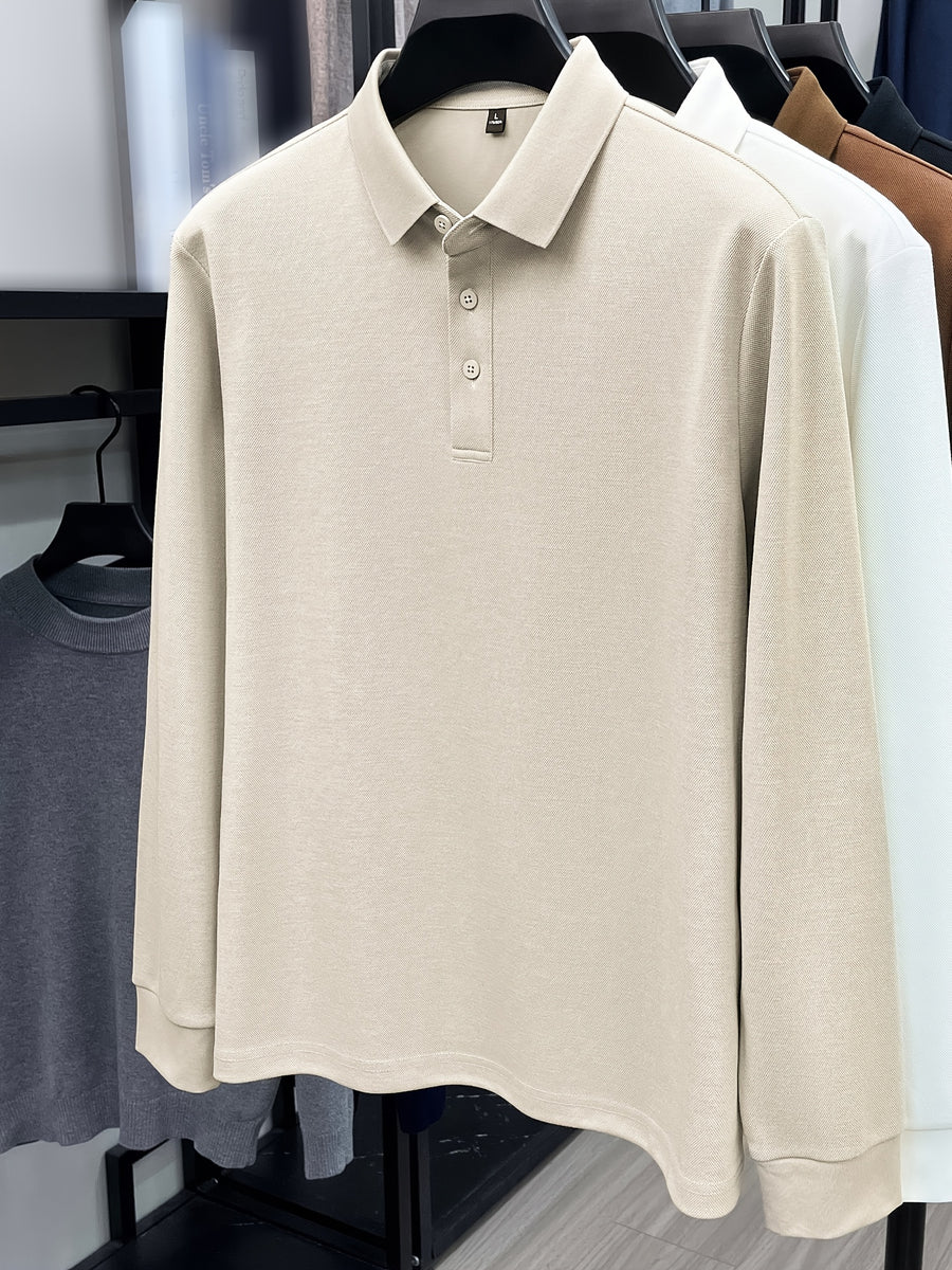 Autumn New Men'S Long Sleeve Henley Polo Shirt, Easy Lapel 3-Button Top, Casual Commute Wear, Comfortable And Skin-Friendly, Versatile Basic Men'S Clothing, Spring/Autumn Inner And Outer Wear, Can Be Worn Alone Or Layered with Jacket, Men'S Gift - Apricot