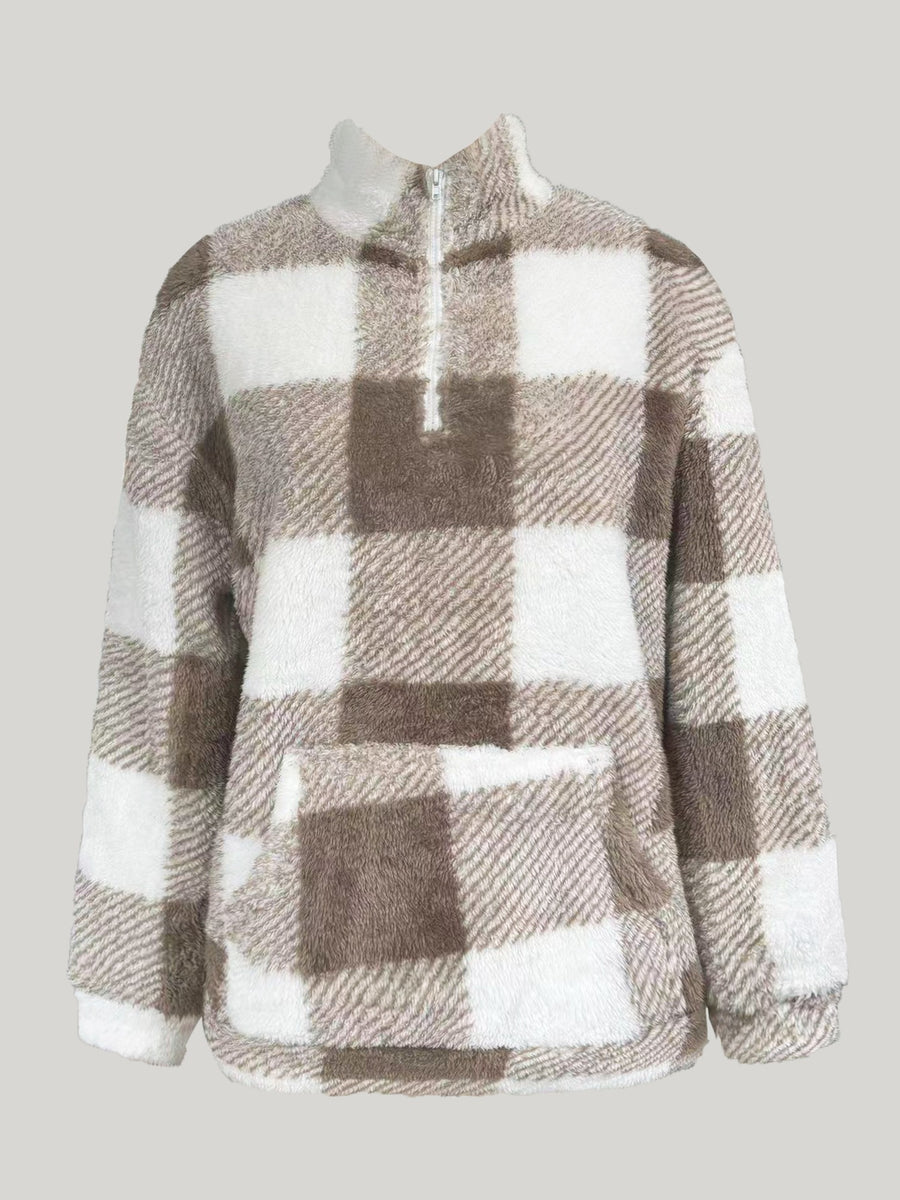 Women'S Brown White Checkered Plush Pullover Sweatshirt with Half-Zip Neck And Kangaroo Pockets, Long Sleeve Loose Warm Plush Top for Daily Commute, Shopping, And Casual Outdoor Wear - Khaki