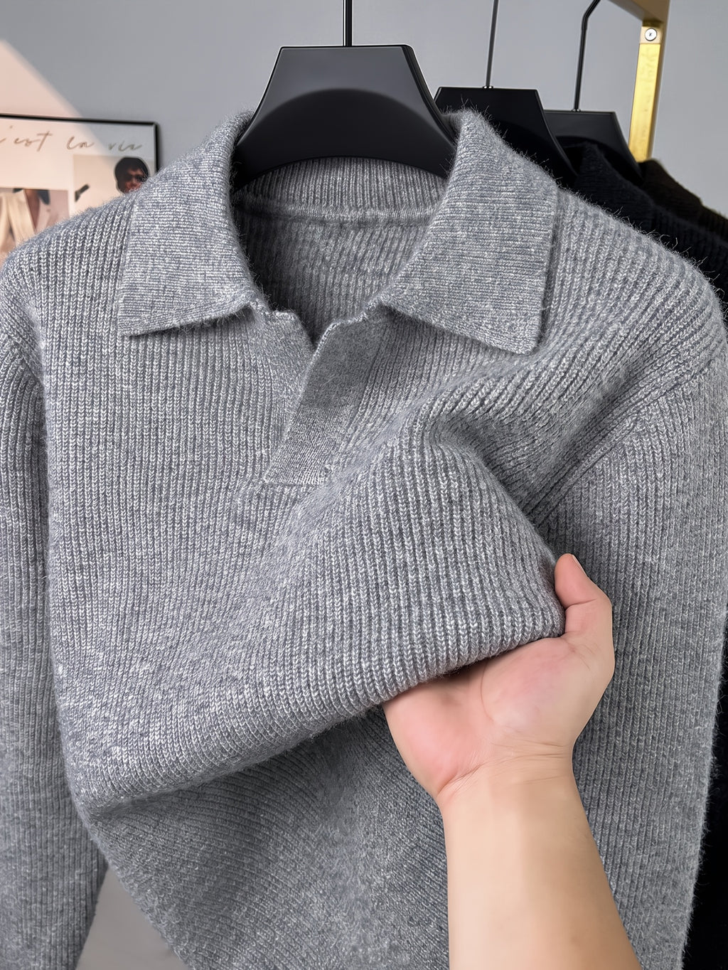 Men'S Polo Neck Knit Sweater Autumn Winter Thick Ribbed Placket Pullover Casual Solid Color Knit Top - Light Grey