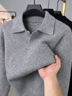 Men'S Polo Neck Knit Sweater Autumn Winter Thick Ribbed Placket Pullover Casual Solid Color Knit Top - Light Grey