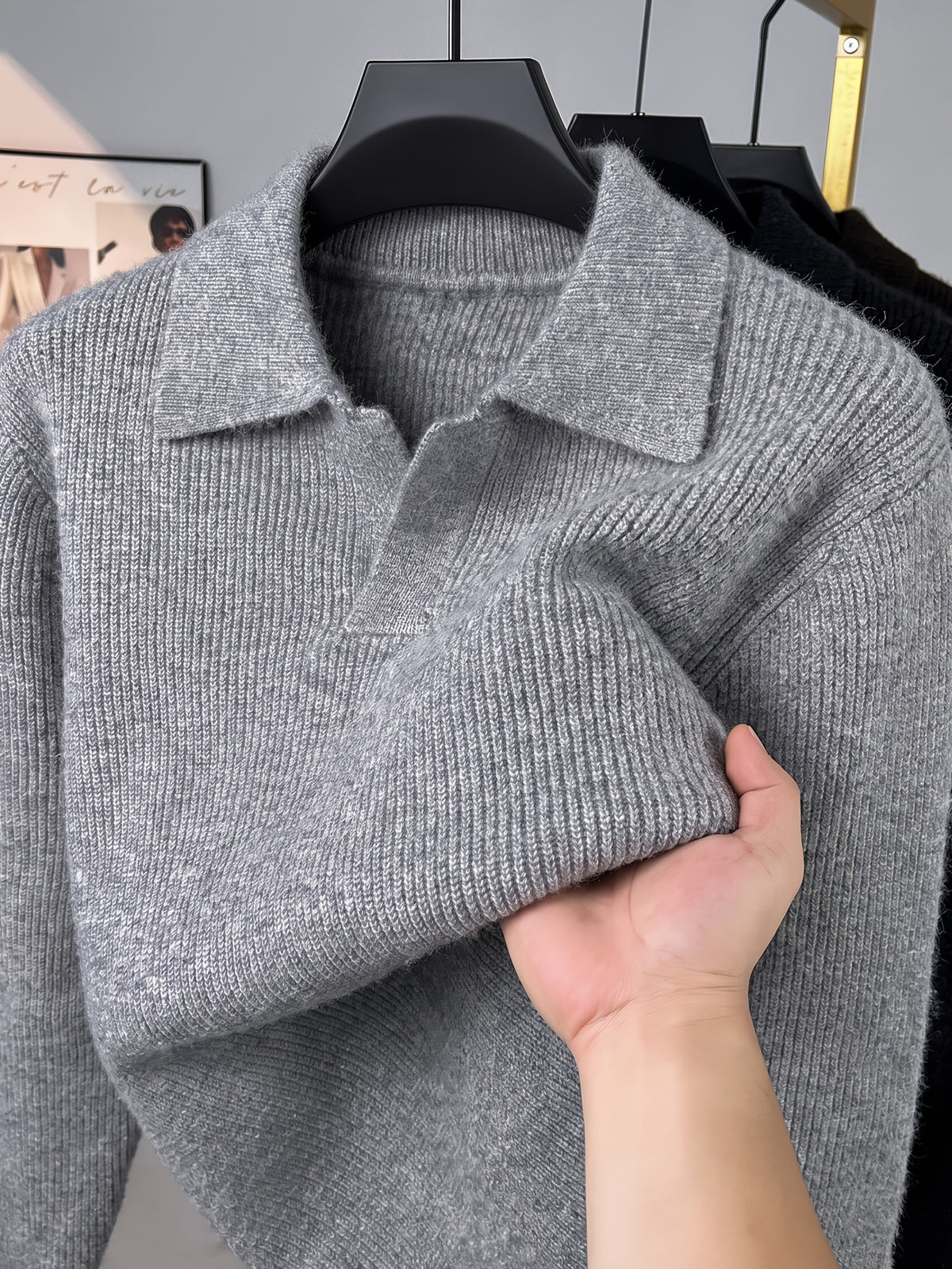Men'S Polo Neck Knit Sweater Autumn Winter Thick Ribbed Placket Pullover Casual Solid Color Knit Top - Light Grey