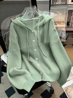 Autumn And Winter Hooded Cardigan, Solid Color Casual Easy Button-Up Sweater, Soft And Comfortable Elegant Women'S Clothing - Light Green