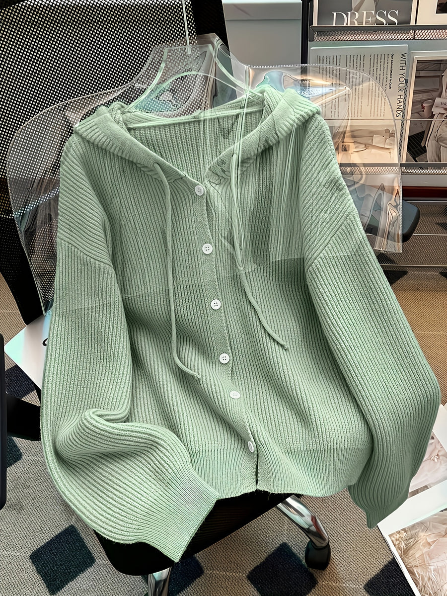Autumn And Winter Hooded Cardigan, Solid Color Casual Easy Button-Up Sweater, Soft And Comfortable Elegant Women'S Clothing - Light Green