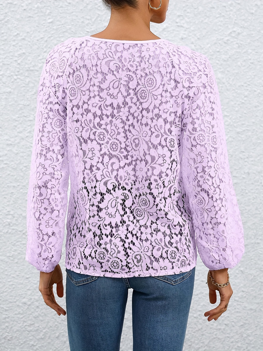 Ladies' clothing, casual fashion, elegant, transparent, solid color long sleeved, lace, solid color shirt - Light Purple