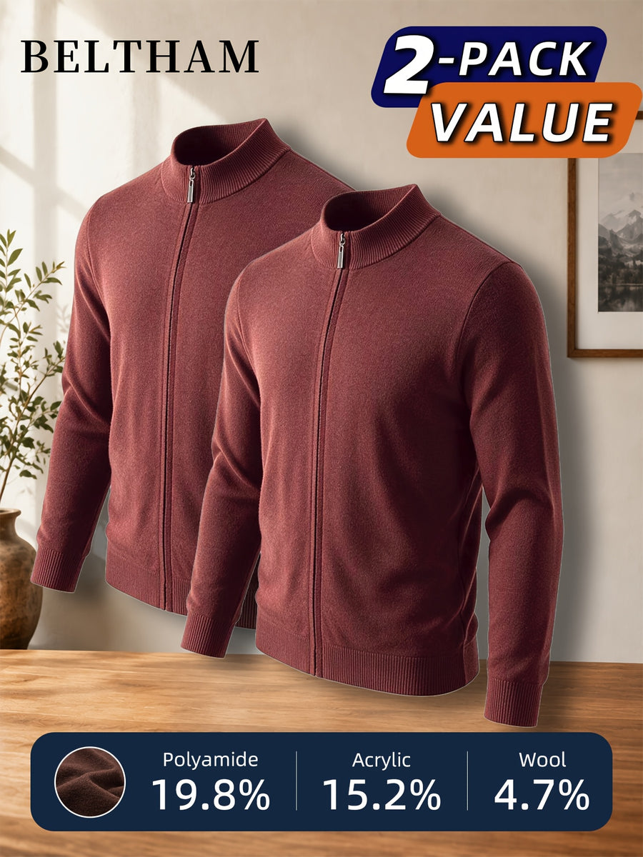 2pcs New Spring Autumn Winter Men'S Knit Cardigan, Ideal Gift for Father And Husband, Solid Color Zipper Design Sweater, Elegant Versatile Knit Cardigan Coat, Suitable for Daily Casual Business Sports Outdoor Camping Fishing Wear - Brick Red