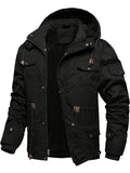 Men'S Fleece-Lined Thickened Jacket, Multi-Pocket Design, 100% Casual Outdoor Coat, Stand-Up Collar And Button Closure, Suitable for Autumn And Winter - Black