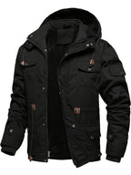 Men'S Fleece-Lined Thickened Jacket, Multi-Pocket Design, 100% Casual Outdoor Coat, Stand-Up Collar And Button Closure, Suitable for Autumn And Winter - Black