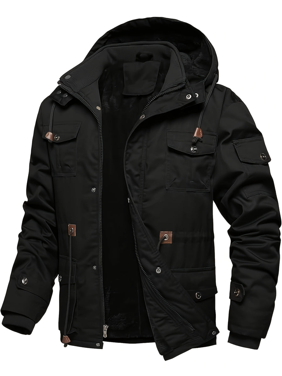 Men'S Fleece-Lined Thickened Jacket, Multi-Pocket Design, 100% Casual Outdoor Coat, Stand-Up Collar And Button Closure, Suitable for Autumn And Winter - Black