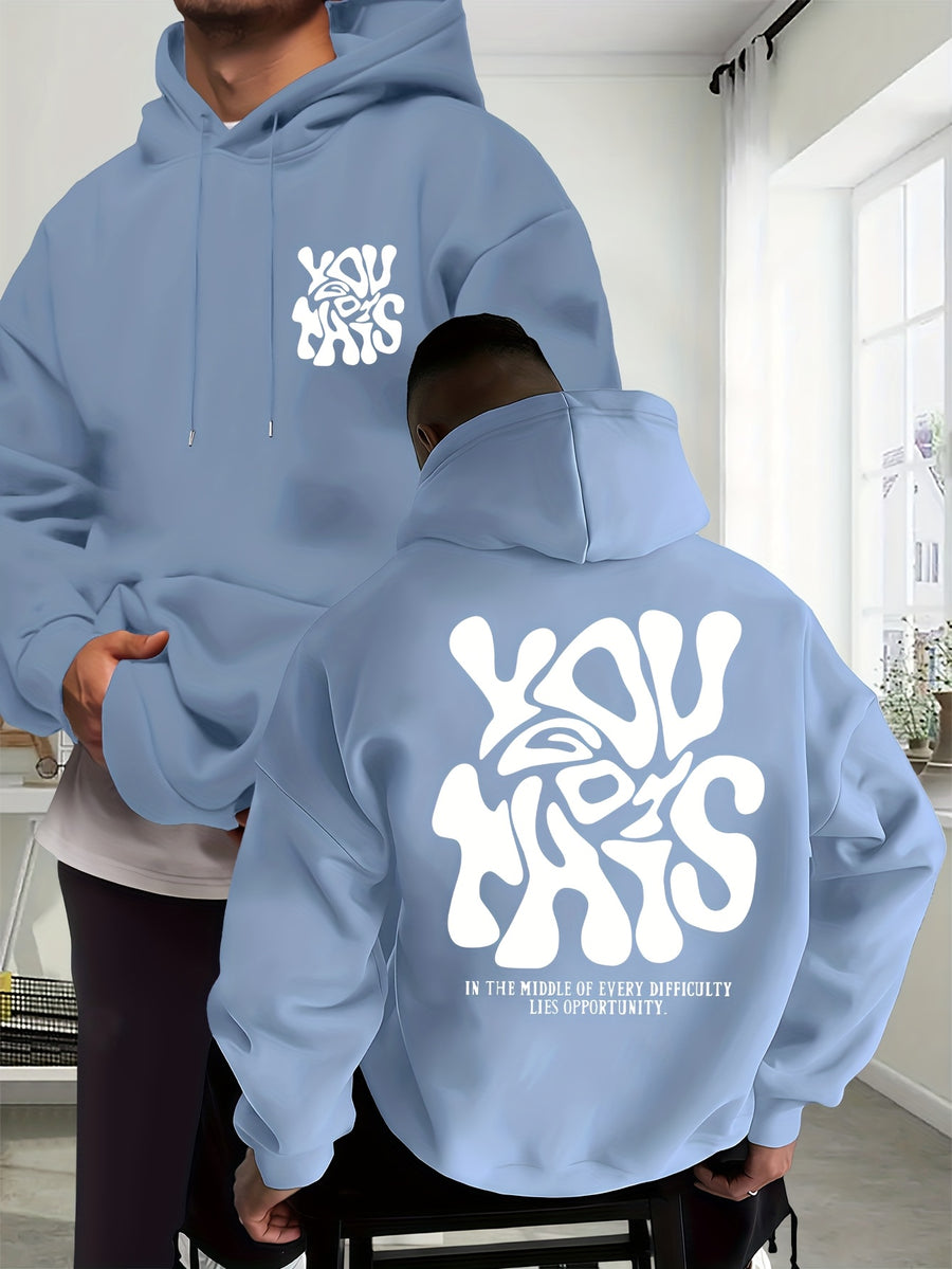 Men's New Trendy Autumn Winter Hoodie, Casual Daily Drawstring Creative Design Printed Sweatshirt with Front Kangaroo Pocket Unisex Top - Light Blue
