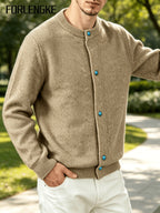 FORLENGKE Men'S Business Casual Crew Neck Button-Up Knit Cardigan, Soft Warm Textured Long Sleeve Sweater Coat for Autumn Winter Office Daily Wear - Khaki