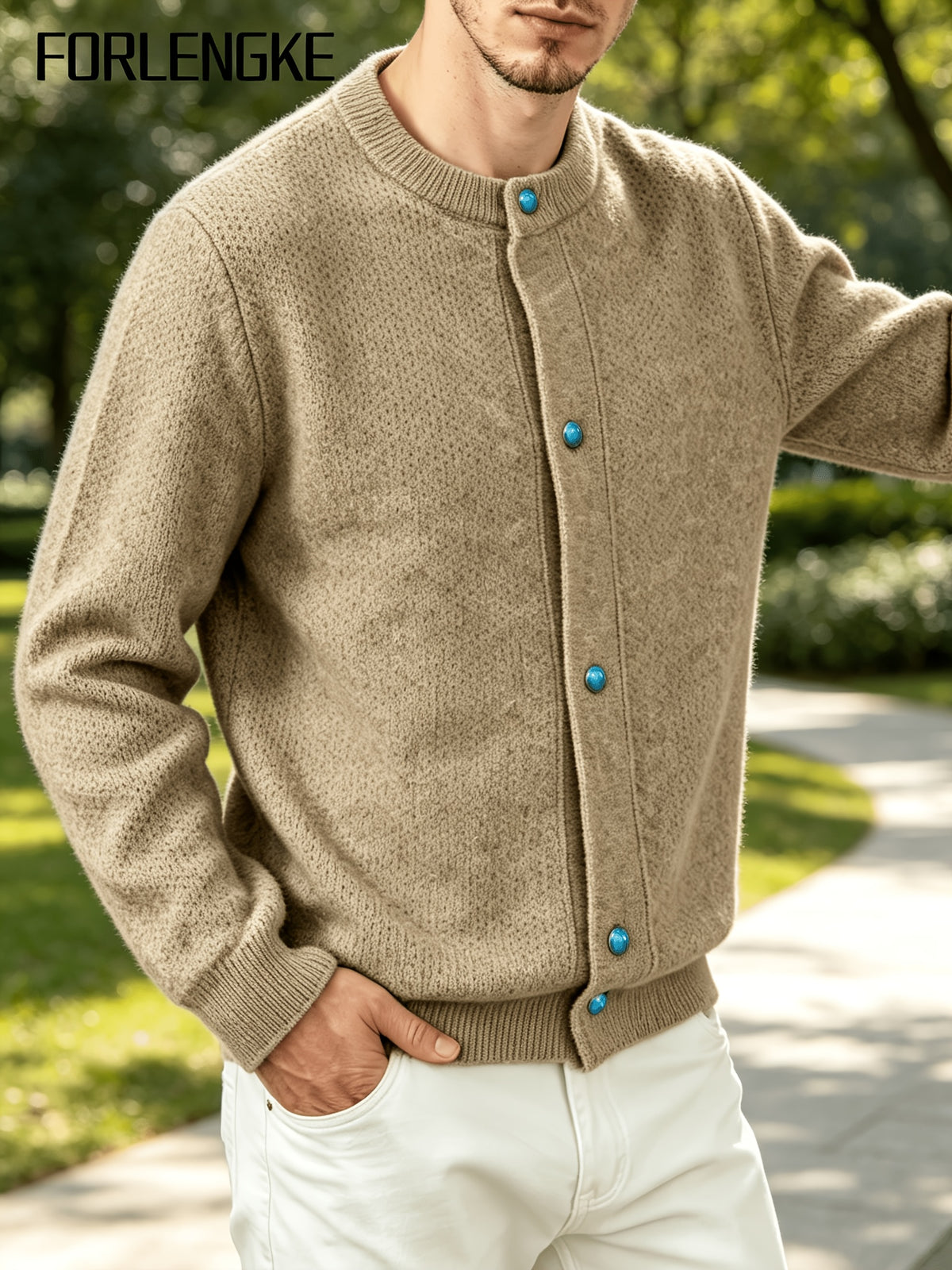 FORLENGKE Men'S Business Casual Crew Neck Button-Up Knit Cardigan, Soft Warm Textured Long Sleeve Sweater Coat for Autumn Winter Office Daily Wear - Khaki