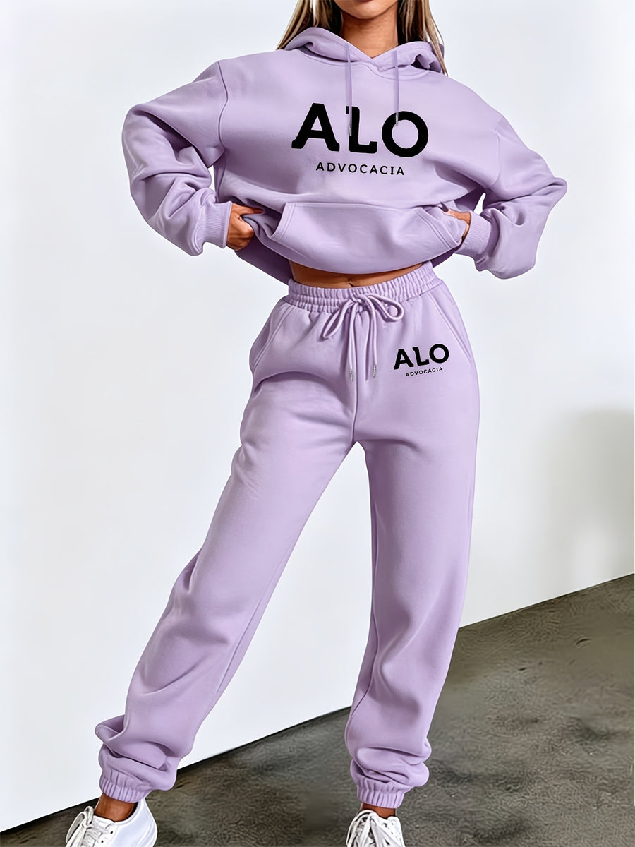 ALO ADVOCACIA Black Text Pattern Autumn/Winter Fashion 2pcs -Lined Set, Women's Printed Casual Outfit, Elegant Women's Clothing - Purple