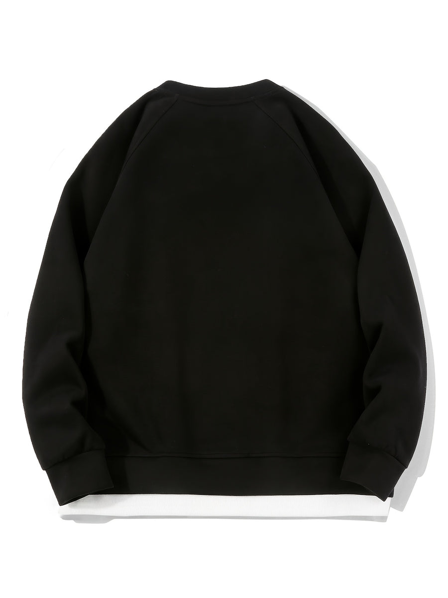 Autumn New Men'S Drop-Sleeve Casual Solid Color Sweatshirt Faux Two-Piece Hem, Men'S Round Neck Pullover, Niche Design Style - Black