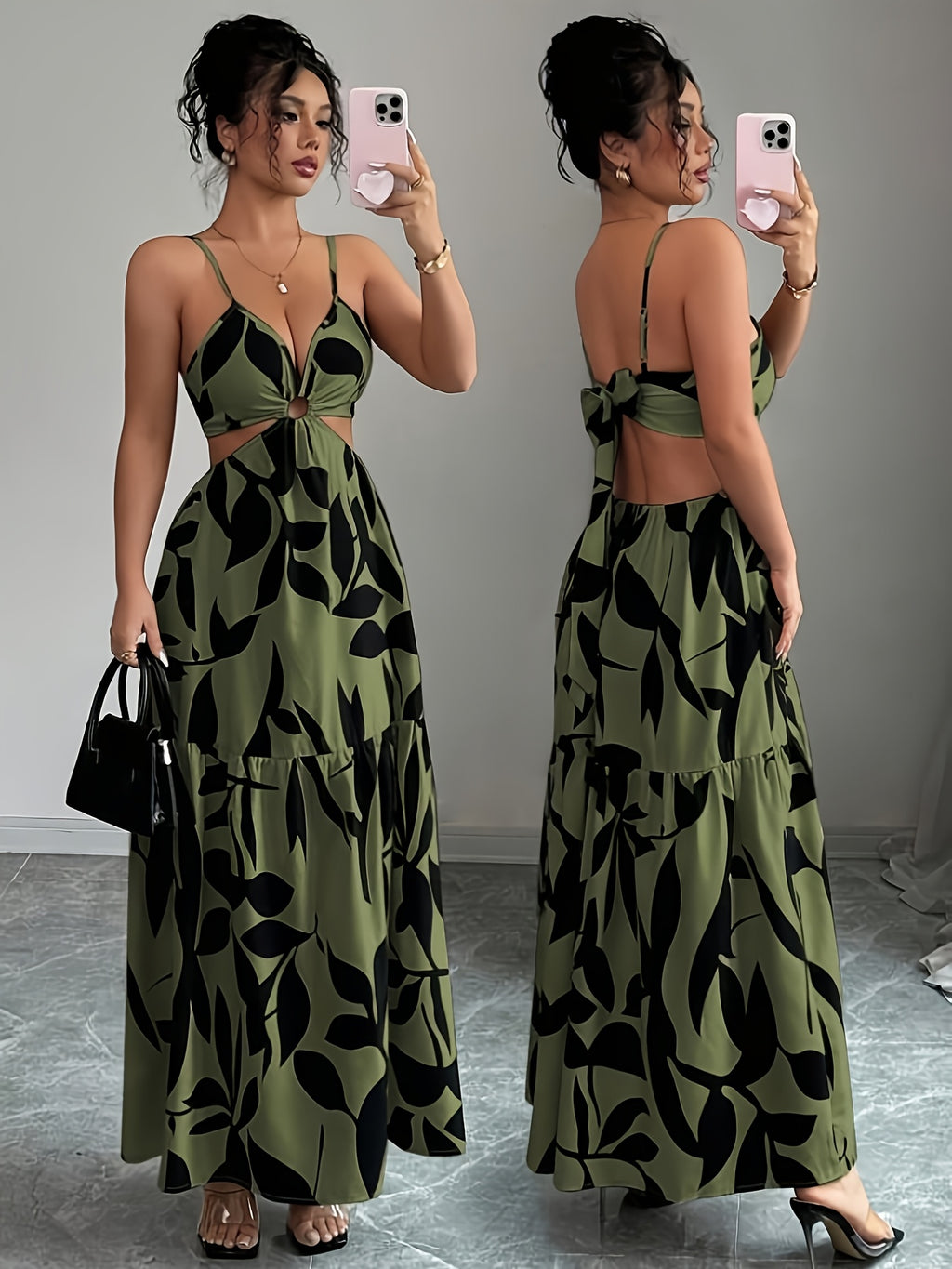 Women's Bohemian Maxi Dress with Adjustable Spaghetti Strap Sleeveless -Line Dress - Floral Print -Length Dress Suitable for Beach Weddings, Parties, Vacations, Machine Washable Round Hoop Hem Dress - fern green