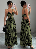 Women's Bohemian Maxi Dress with Adjustable Spaghetti Strap Sleeveless -Line Dress - Floral Print -Length Dress Suitable for Beach Weddings, Parties, Vacations, Machine Washable Round Hoop Hem Dress - fern green
