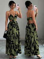 Women's Bohemian Maxi Dress with Adjustable Spaghetti Strap Sleeveless -Line Dress - Floral Print -Length Dress Suitable for Beach Weddings, Parties, Vacations, Machine Washable Round Hoop Hem Dress - fern green