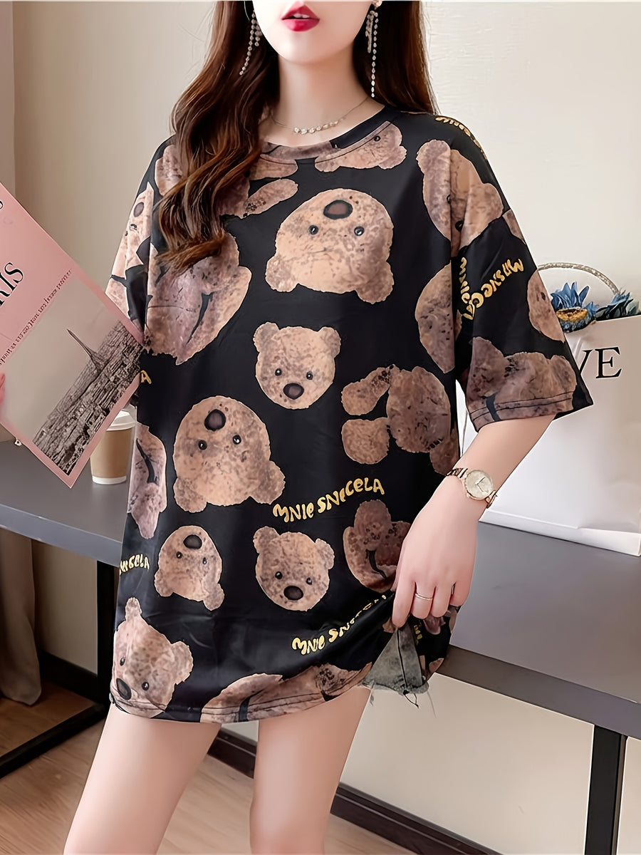 Summer New Large Size Loose Fashion Trend Thin Cartoon Round Neck Print Medium Long Short Sleeve T-Shirt - 208-B