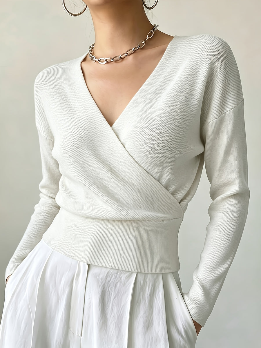 Women'S New Arrivals INS Autumn/Winter Cross-Collar Pullover, Elegant Versatile Loose Fit Machine Washable Long-Sleeve Knitwear - White