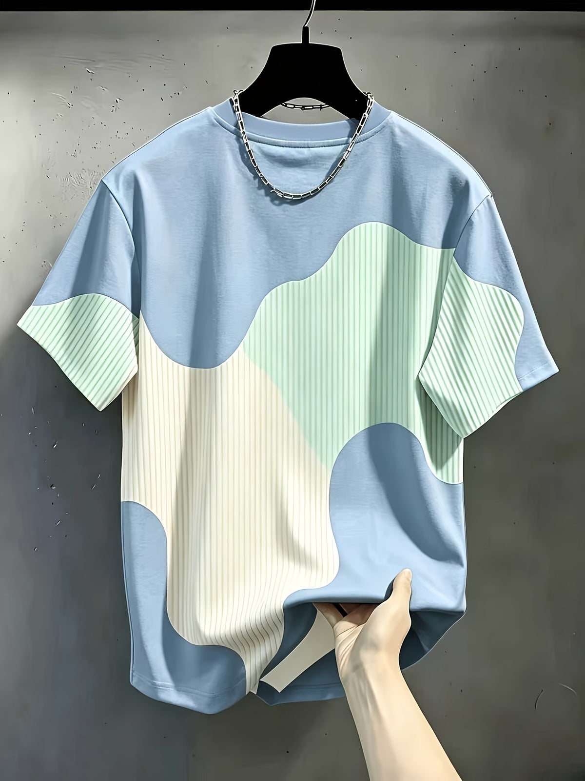 Ins Style Easy Versatile Round Neck Short Sleeve Top, Irregular Wave Color Block Chicago Letter Print Design, Fashionable Thin Breathable T-Shirt, Machine Washable Casual Short Sleeve Top - Mixed colors