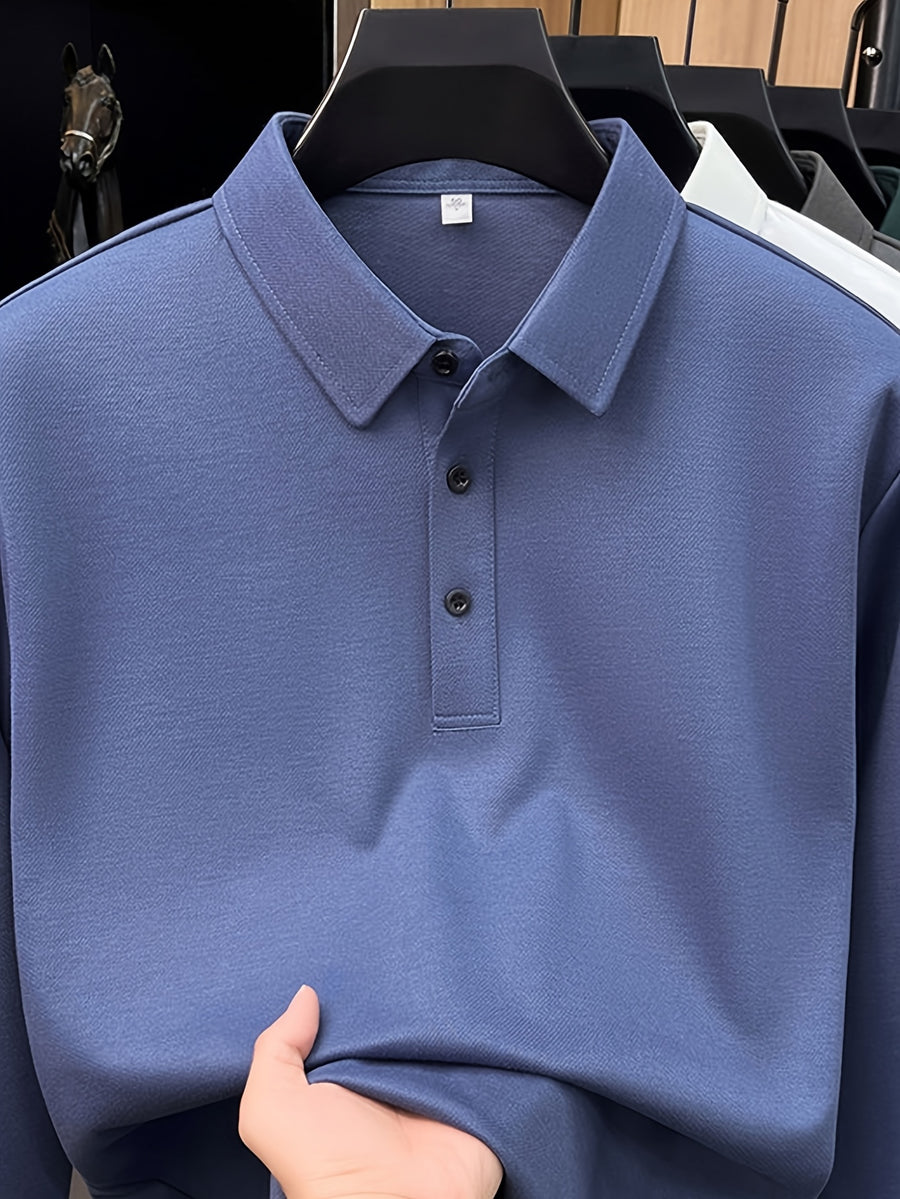Men's Solid Color Long-Sleeve Polo Shirt, Simple and Clean Design Without Logo, Slightly Relaxed Fit, Flattering on All Body Types, Suitable for Spring and Autumn - SINBOS - Blue