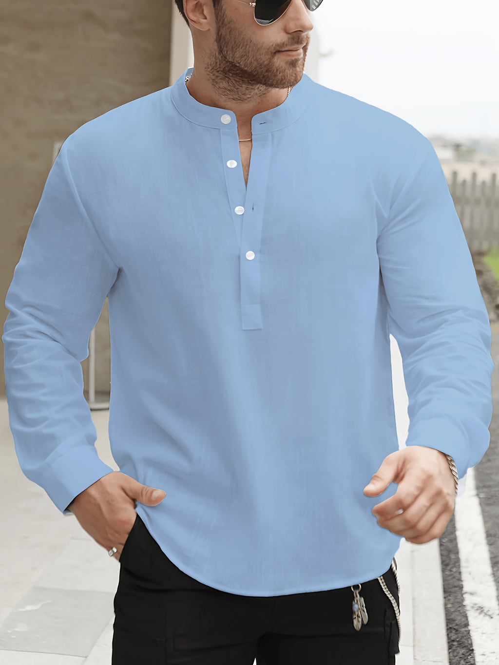Men'S Solid Color Stand Collar Linen Long Sleeve (2-Pc), Breathable And Comfortable, Suitable for Spring And Autumn Wear - Sky Blue+Khaki