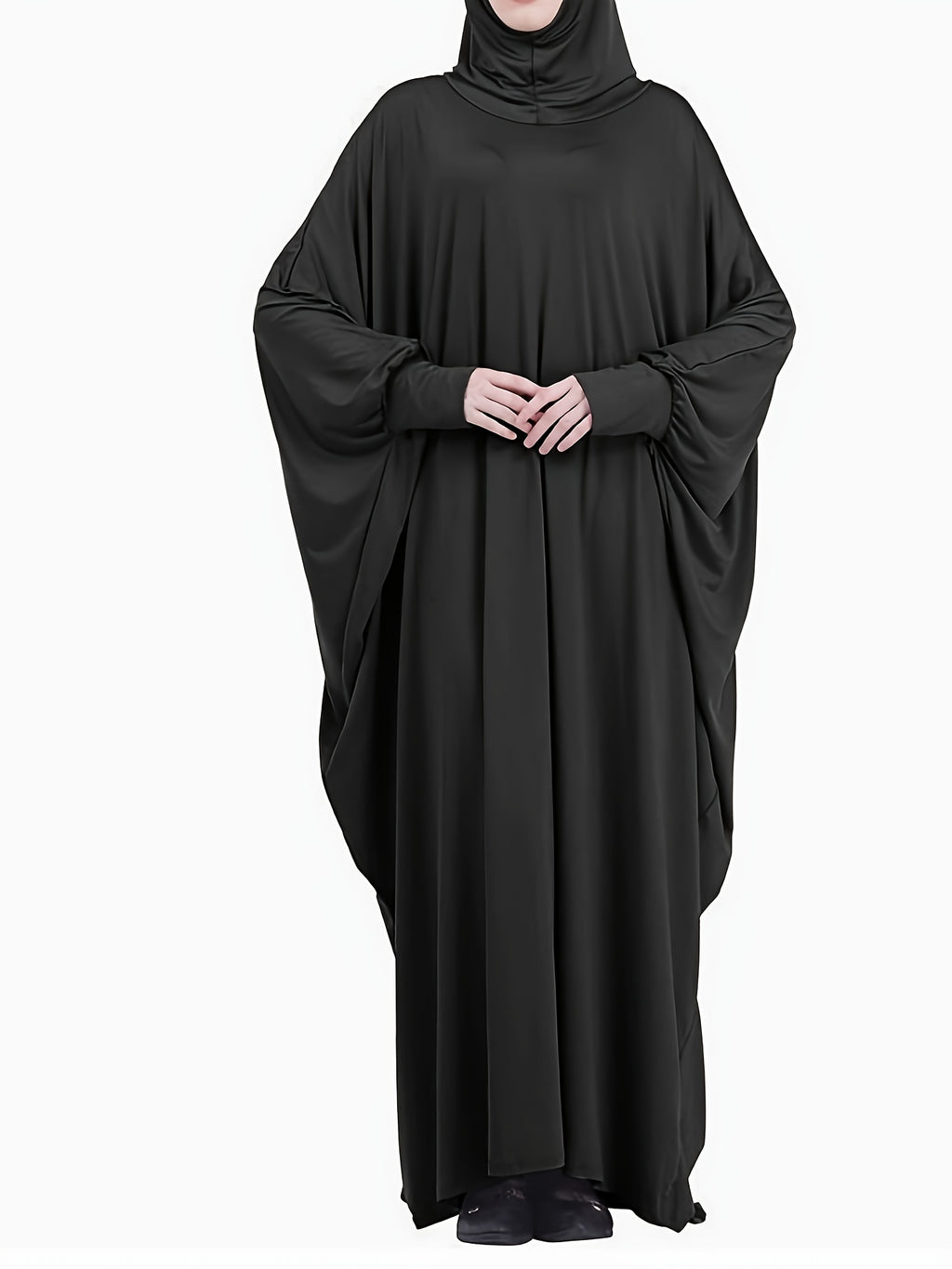 European And American Women'S Muslim Robe with Hooded Solid Color Bat Sleeve Dress - Black
