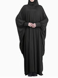 European And American Women'S Muslim Robe with Hooded Solid Color Bat Sleeve Dress - Black