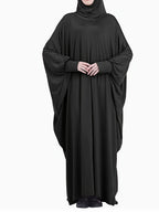 European And American Women'S Muslim Robe with Hooded Solid Color Bat Sleeve Dress - Black
