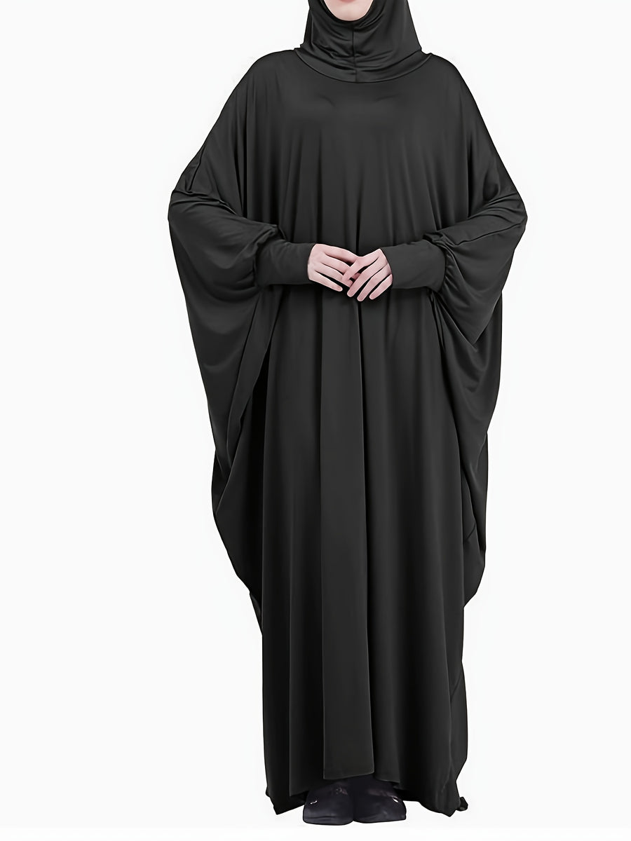 European And American Women'S Muslim Robe with Hooded Solid Color Bat Sleeve Dress - Black