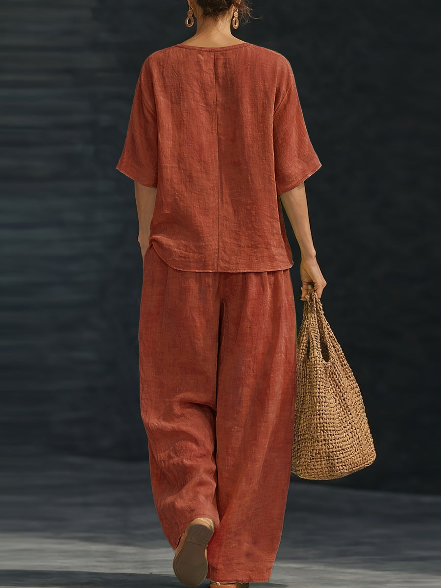 Women's Summer Casual 2pcs Set: Loose V-Neck Top + Wide-Leg Pants - Tangerine