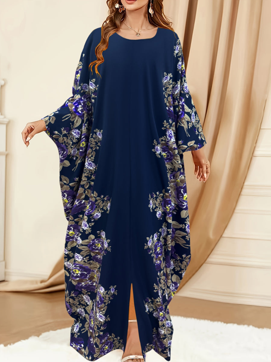 Eid & Ramadan Modest Maxi Dress - Middle Eastern-Inspired Batwing Sleeves, Loose Fit Floral Print, Machine Washable All-Season Comfort for Women, Cultural Attire, Middle Eastern Style, Comfortable Fashion - Deep Blue