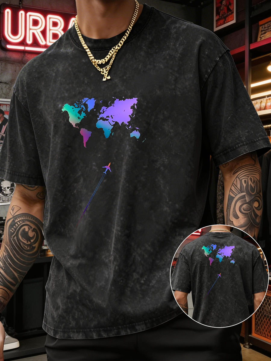 Men's Heavyweight T-Shirt Washed Distressed Gradient World Map Airplane Fashion Print Vintage Heavy Cotton Streetwear High Street Style Summer Casual Versatile Gym Fitness Daily Commute Tee 2026 Urban Fashion - Black