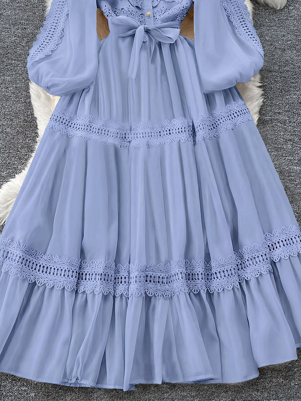 Fashion Retro Stand-Up Collar Lace Trim Patchwork Dress Court Style Lantern Sleeve Waist-Cinching Tie-Waist Flared Long Dress - Blue